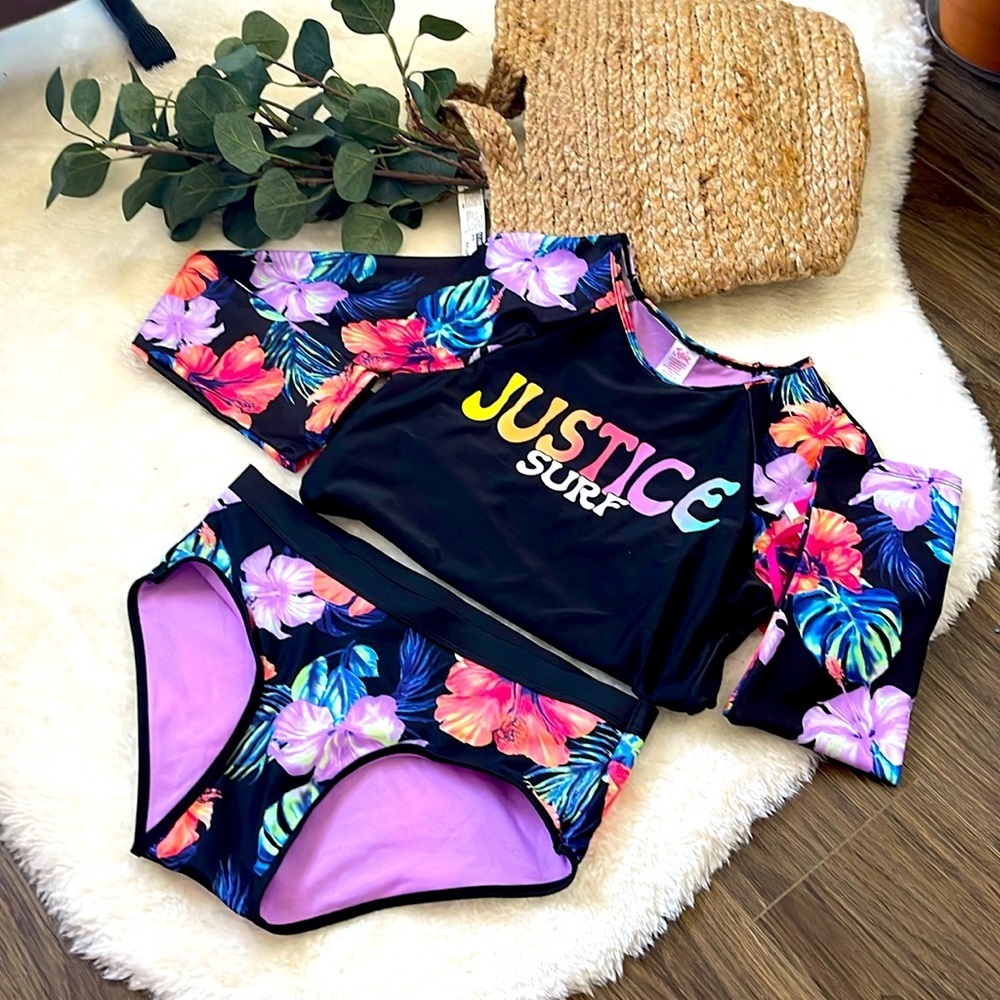 Justice Girls Long Sleeve Rashguard Swimsuit Set Size XL (16-18)